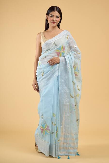 Samyukta Singhania_Blue Linen Gota Patti Flower Hand Painted Saree With Running Blouse_Online_at_Aza_Fashions