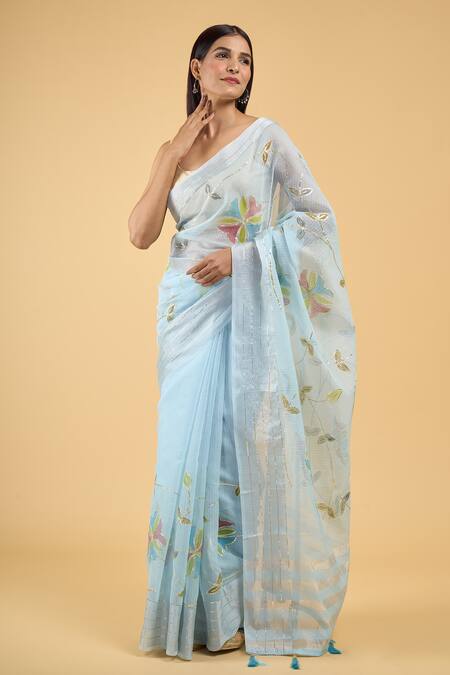 Buy_Samyukta Singhania_Blue Linen Gota Patti Flower Hand Painted Saree With Running Blouse_Online_at_Aza_Fashions