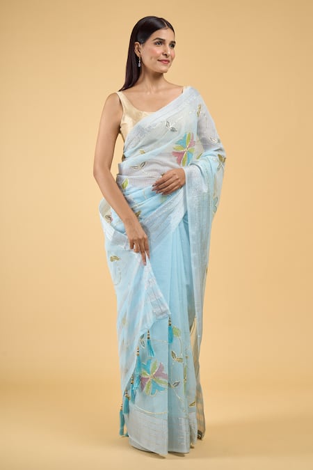Shop_Samyukta Singhania_Blue Linen Gota Patti Flower Hand Painted Saree With Running Blouse_Online_at_Aza_Fashions