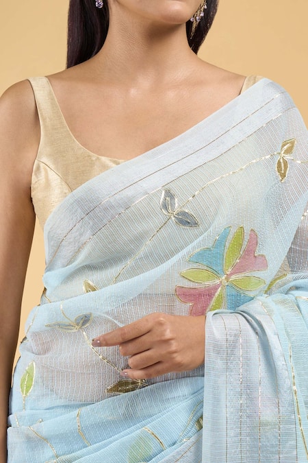Samyukta Singhania_Blue Linen Gota Patti Flower Hand Painted Saree With Running Blouse_at_Aza_Fashions