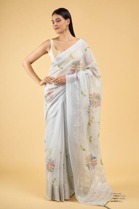 Samyukta Singhania_Grey Linen Gota Patti Garden Hand Painted Saree With Running Blouse_Online_at_Aza_Fashions