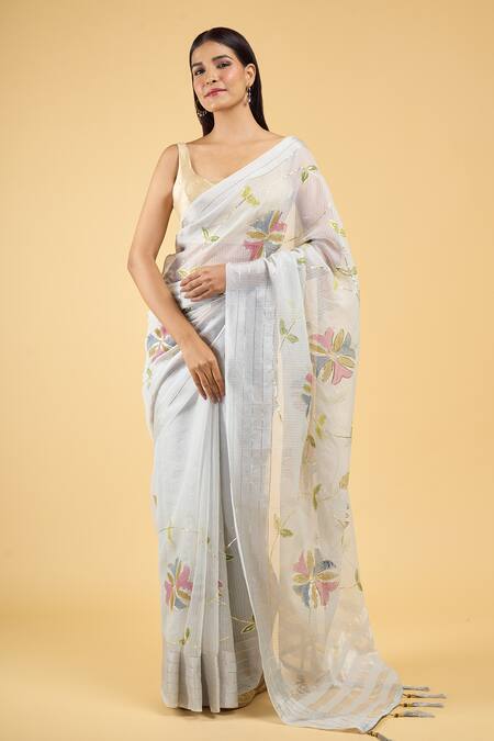 Buy_Samyukta Singhania_Grey Linen Gota Patti Garden Hand Painted Saree With Running Blouse_Online_at_Aza_Fashions