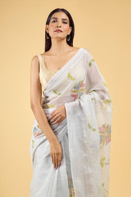 Shop_Samyukta Singhania_Grey Linen Gota Patti Garden Hand Painted Saree With Running Blouse_Online_at_Aza_Fashions