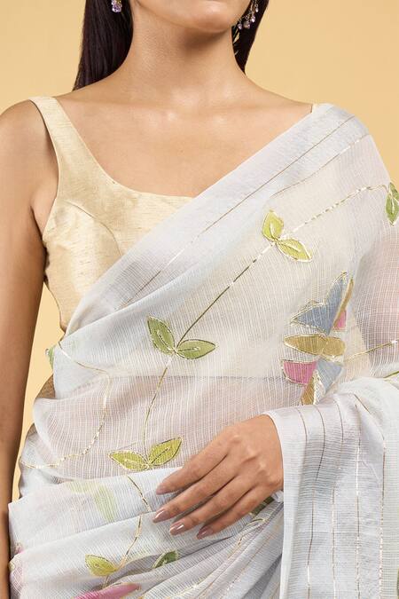 Samyukta Singhania_Grey Linen Gota Patti Garden Hand Painted Saree With Running Blouse_at_Aza_Fashions