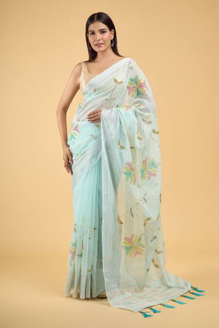 Samyukta Singhania_Blue Linen, Silk Embroidery Tassel Bordered Saree With Running Blouse_Online_at_Aza_Fashions