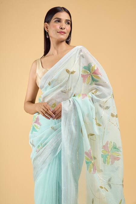 Buy_Samyukta Singhania_Blue Linen, Silk Embroidery Tassel Bordered Saree With Running Blouse_Online_at_Aza_Fashions