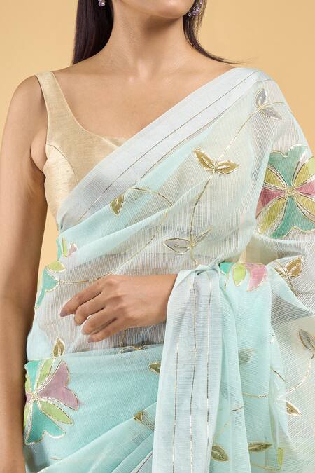 Shop_Samyukta Singhania_Blue Linen, Silk Embroidery Tassel Bordered Saree With Running Blouse_Online_at_Aza_Fashions