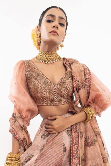 Samant Chauhan Peach Cotton, Silk Cut Work, Embroidery Grazing Peacock Print Bridal Lehenga Set Online at Aza Fashions Samant Chauhan_Peach Cotton, Silk Cut Work, Embroidery Grazing Peacock Print Bridal Lehenga Set _Online_at_Aza_Fashions