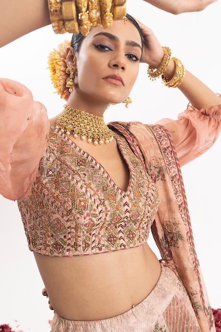 Shop Samant Chauhan Peach Cotton, Silk Cut Work, Embroidery Grazing Peacock Print Bridal Lehenga Set Online at Aza Fashions Shop_Samant Chauhan_Peach Cotton, Silk Cut Work, Embroidery Grazing Peacock Print Bridal Lehenga Set _Online_at_Aza_Fashions