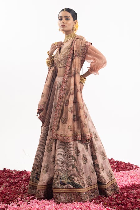 Samant Chauhan Peach Cotton, Silk Cut Work, Embroidery Grazing Peacock Print Bridal Lehenga Set at Aza Fashions Samant Chauhan_Peach Cotton, Silk Cut Work, Embroidery Grazing Peacock Print Bridal Lehenga Set _at_Aza_Fashions