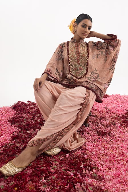 Shop Samant Chauhan Peach Cotton, Silk Sequins, Cut Work, Floral Yoke Kaftan With Dhoti Pant at Aza Fashions Shop_Samant Chauhan_Peach Cotton, Silk Sequins, Cut Work, Floral Yoke Kaftan With Dhoti Pant _at_Aza_Fashions