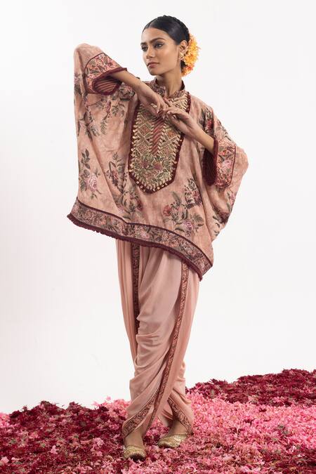 Samant Chauhan Peach Cotton, Silk Sequins, Cut Work, Floral Yoke Kaftan With Dhoti Pant Online at Aza Fashions Samant Chauhan_Peach Cotton, Silk Sequins, Cut Work, Floral Yoke Kaftan With Dhoti Pant _Online_at_Aza_Fashions