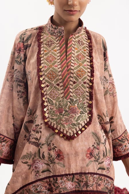 Shop Samant Chauhan Peach Cotton, Silk Sequins, Cut Work, Floral Yoke Kaftan With Dhoti Pant Online at Aza Fashions Shop_Samant Chauhan_Peach Cotton, Silk Sequins, Cut Work, Floral Yoke Kaftan With Dhoti Pant _Online_at_Aza_Fashions