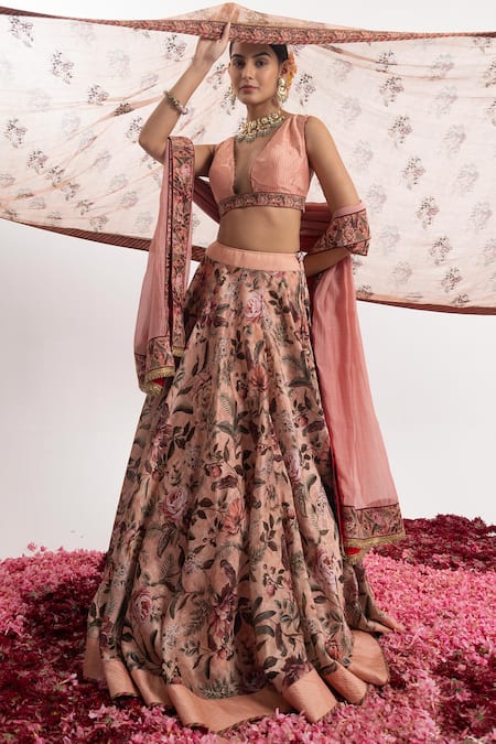 Samant Chauhan Peach Cotton Silk Print Floral Bloom V Neck Lehenga Set