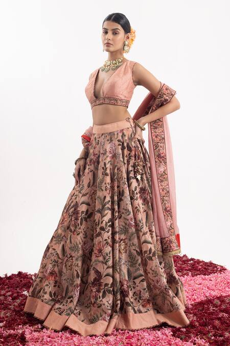 Samant Chauhan_Peach Cotton, Silk Embroidery V-neck Floral Bloom Print Lehenga Set _Online_at_Aza_Fashions