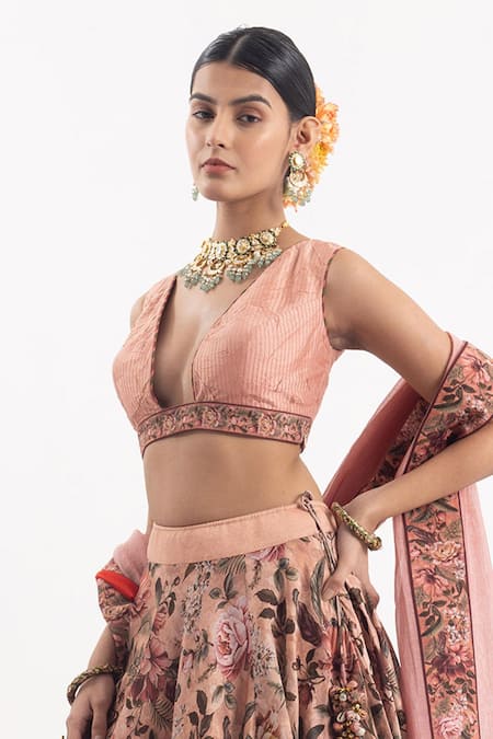 Buy_Samant Chauhan_Peach Cotton, Silk Embroidery V-neck Floral Bloom Print Lehenga Set _Online_at_Aza_Fashions