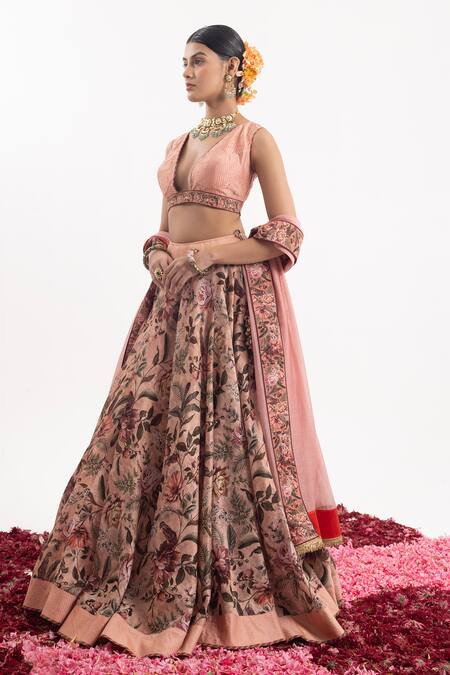 Shop_Samant Chauhan_Peach Cotton, Silk Embroidery V-neck Floral Bloom Print Lehenga Set _Online_at_Aza_Fashions