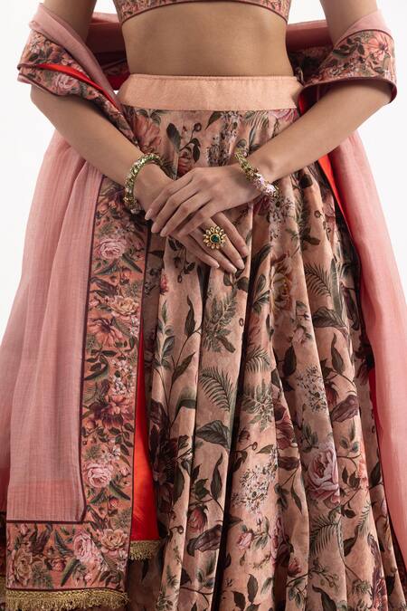 Samant Chauhan_Peach Cotton, Silk Embroidery V-neck Floral Bloom Print Lehenga Set _at_Aza_Fashions