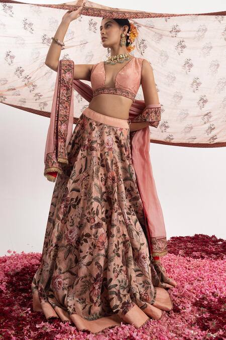 Buy_Samant Chauhan_Peach Cotton, Silk Embroidery V-neck Floral Bloom Print Lehenga Set 
