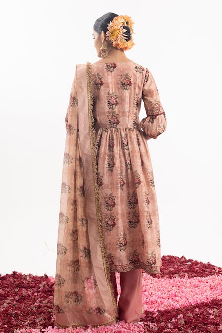 Shop Samant Chauhan Peach Cotton, Silk Embroidery, Sequins Floral Bloom Print Anarkali Pant Set at Aza Fashions Shop_Samant Chauhan_Peach Cotton, Silk Embroidery, Sequins Floral Bloom Print Anarkali Pant Set _at_Aza_Fashions