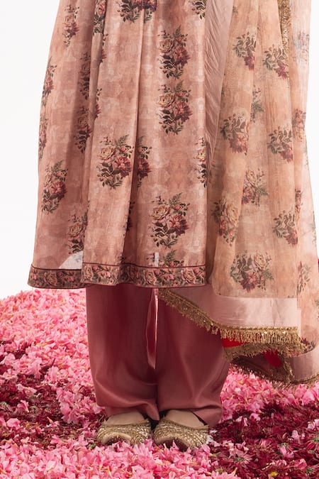 Samant Chauhan Peach Cotton, Silk Embroidery, Sequins Floral Bloom Print Anarkali Pant Set Online at Aza Fashions Samant Chauhan_Peach Cotton, Silk Embroidery, Sequins Floral Bloom Print Anarkali Pant Set _Online_at_Aza_Fashions