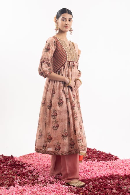 Buy Samant Chauhan Peach Cotton, Silk Embroidery, Sequins Floral Bloom Print Anarkali Pant Set Online at Aza Fashions Buy_Samant Chauhan_Peach Cotton, Silk Embroidery, Sequins Floral Bloom Print Anarkali Pant Set _Online_at_Aza_Fashions