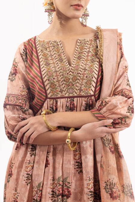 Shop Samant Chauhan Peach Cotton, Silk Embroidery, Sequins Floral Bloom Print Anarkali Pant Set Online at Aza Fashions Shop_Samant Chauhan_Peach Cotton, Silk Embroidery, Sequins Floral Bloom Print Anarkali Pant Set _Online_at_Aza_Fashions
