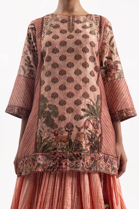 Buy Samant Chauhan Peach Cotton, Silk Cut Work, Embroidery Collared Floral Print Kurta With Skirt Online at Aza Fashions Buy_Samant Chauhan_Peach Cotton, Silk Cut Work, Embroidery Collared Floral Print Kurta With Skirt _Online_at_Aza_Fashions