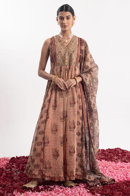 Samant Chauhan Peach Cotton Silk Print Cutdana V Neck Embroidered Bodice Anarkali Churidar Set