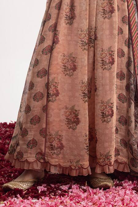 Buy_Samant Chauhan_Peach Cotton, Silk Embroidery, Cut Work V-neck Bodice Anarkali Churidar Set _Online_at_Aza_Fashions