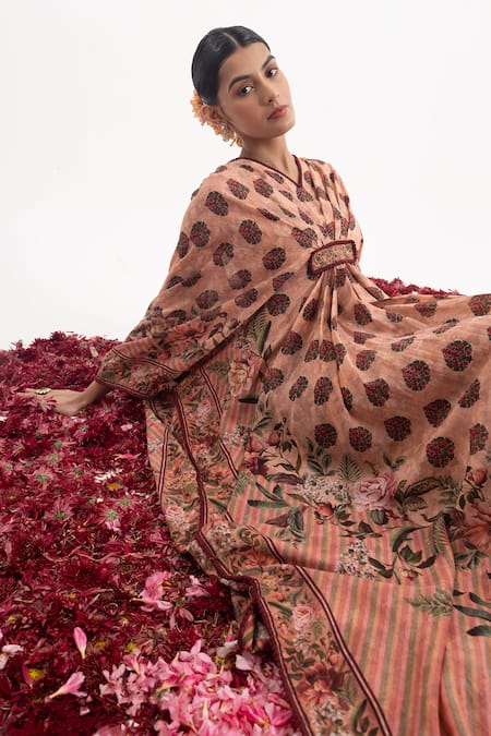Shop_Samant Chauhan_Peach Cotton Silk Print Floral Blossom V Neck Kaftan_Online_at_Aza_Fashions