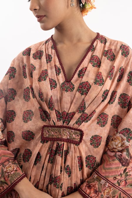 Samant Chauhan_Peach Cotton Silk Print Floral Blossom V Neck Kaftan_at_Aza_Fashions