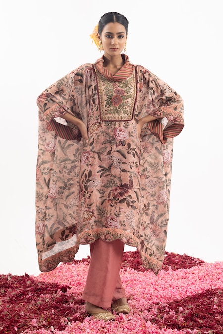 Samant Chauhan Peach Cotton Silk Print Floral Blossom Cowl Neck Kaftan With Pant