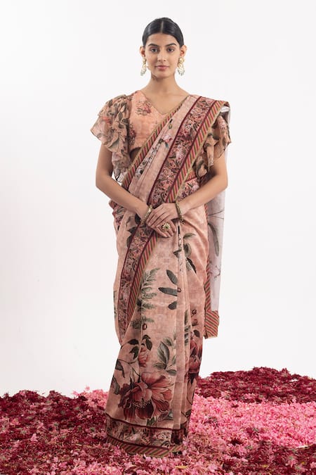 Samant Chauhan Peach Cotton Silk Print Floral Blossom V Neck Saree With Blouse