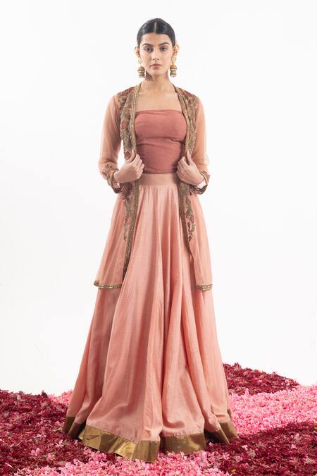 Samant Chauhan Peach Cotton Silk Embroidery Floral Jacket Open Lehenga Set 