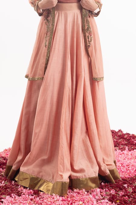 Samant Chauhan_Peach Cotton, Silk Cut Work, Embroidery Open Neck, Floral Jacket Lehenga Set_Online_at_Aza_Fashions
