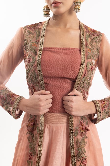 Buy_Samant Chauhan_Peach Cotton, Silk Cut Work, Embroidery Open Neck, Floral Jacket Lehenga Set_Online_at_Aza_Fashions