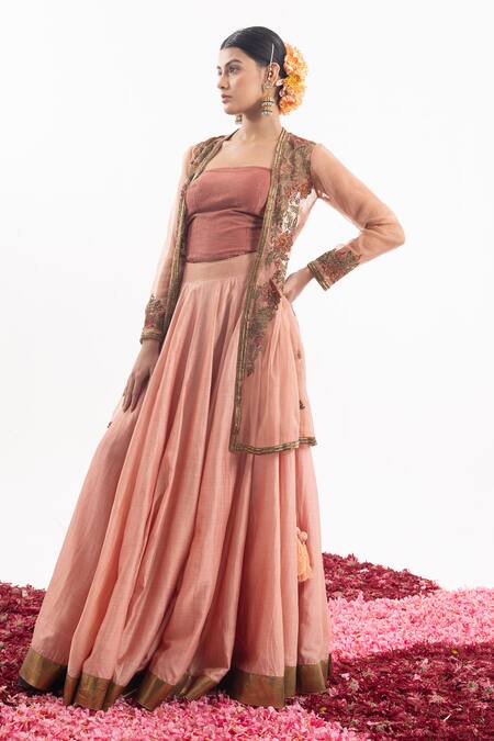 Shop_Samant Chauhan_Peach Cotton, Silk Cut Work, Embroidery Open Neck, Floral Jacket Lehenga Set_Online_at_Aza_Fashions