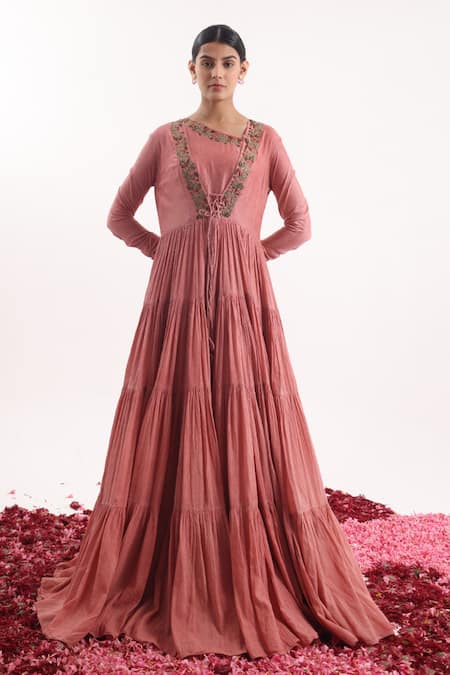 Samant Chauhan Peach Cotton Silk Placement Embroidery Floral Asymmetric Neck Anarkali 