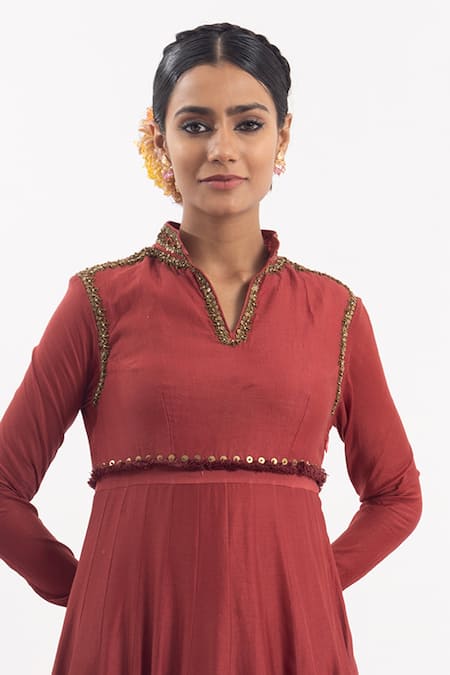 Samant Chauhan_Wine Cotton, Silk Embroidery, Sequins Collared Placement Anarkali_Online_at_Aza_Fashions