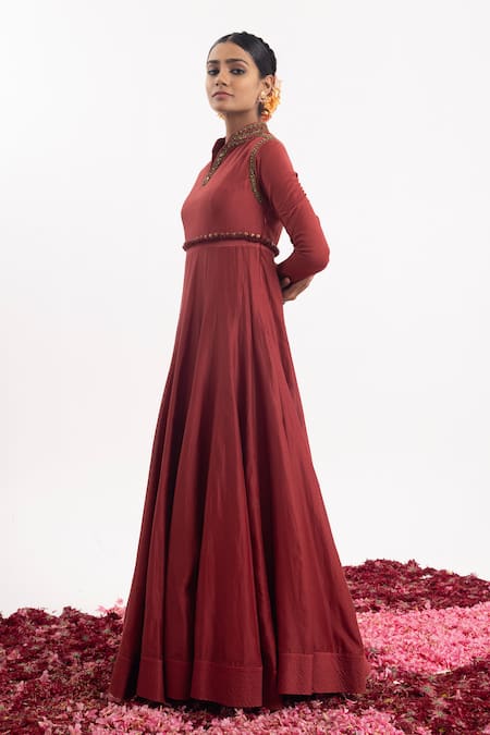 Buy_Samant Chauhan_Wine Cotton, Silk Embroidery, Sequins Collared Placement Anarkali_Online_at_Aza_Fashions