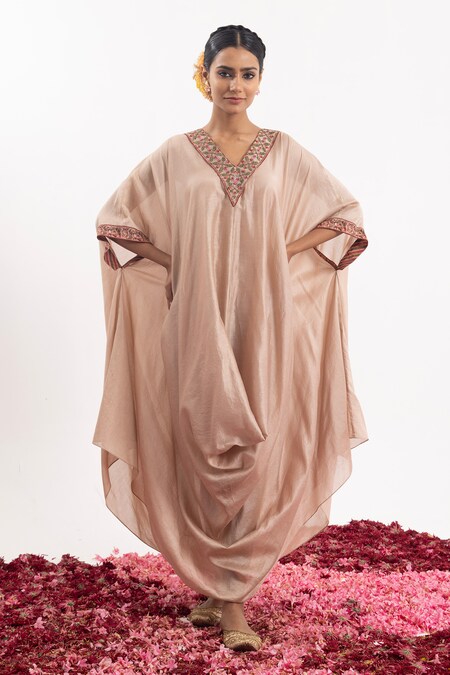 Samant Chauhan Peach Cotton Silk Placement Embroidery Floral V Neck Flower Bud Kaftan