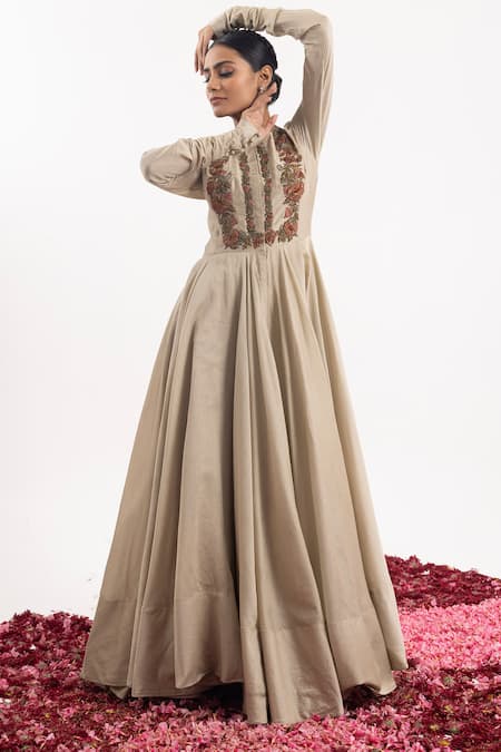 Samant Chauhan Beige Cotton Silk Placement Embroidery Floral Round Neck Bodice Anarkali