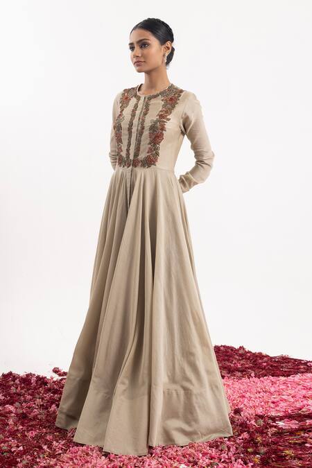 Samant Chauhan Beige Cotton, Silk Cut Work, Embroidery Round Neck Floral Bodice Anarkali Online at Aza Fashions Samant Chauhan_Beige Cotton, Silk Cut Work, Embroidery Round Neck Floral Bodice Anarkali_Online_at_Aza_Fashions