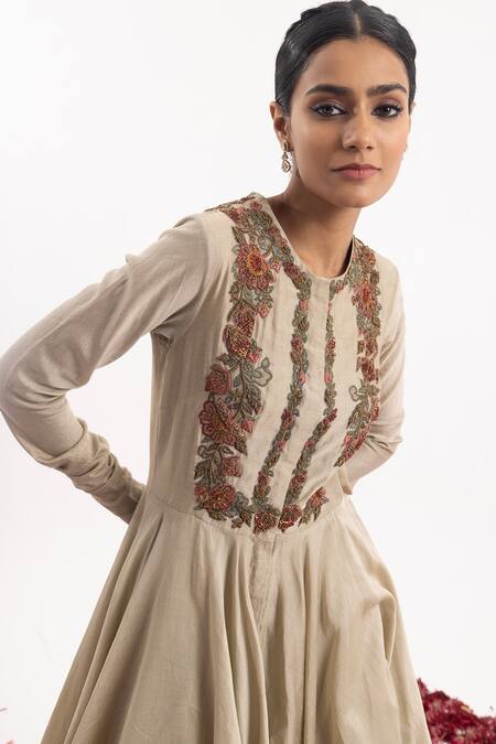 Shop Samant Chauhan Beige Cotton, Silk Cut Work, Embroidery Round Neck Floral Bodice Anarkali Online at Aza Fashions Shop_Samant Chauhan_Beige Cotton, Silk Cut Work, Embroidery Round Neck Floral Bodice Anarkali_Online_at_Aza_Fashions