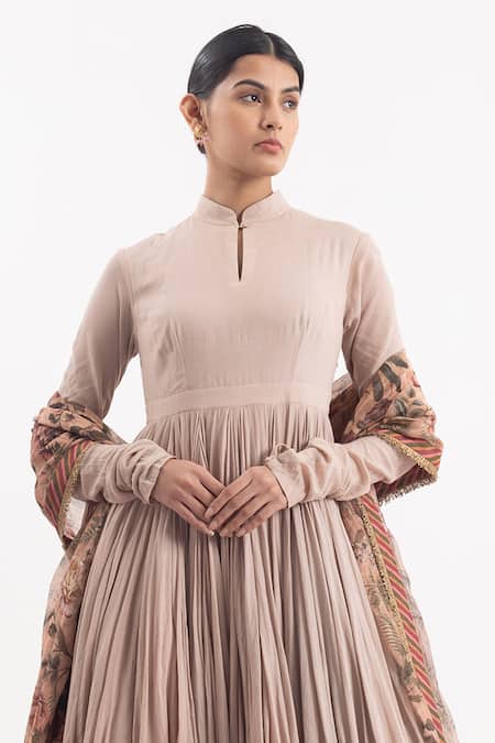 Samant Chauhan Beige Cotton, Silk Embroidery Mandarin Pleated Anarkali With Printed Dupatta Online at Aza Fashions Samant Chauhan_Beige Cotton, Silk Embroidery Mandarin Pleated Anarkali With Printed Dupatta_Online_at_Aza_Fashions