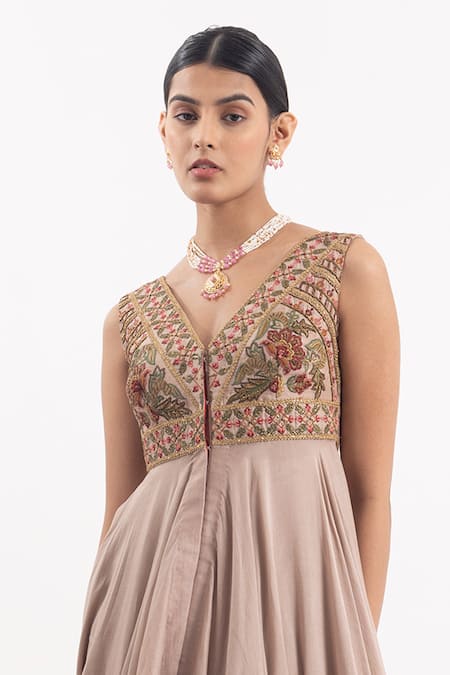 Samant Chauhan_Beige Cotton, Silk Sequins, Embroidery V-neck Flower Blossom Bodice Anarkali_Online_at_Aza_Fashions