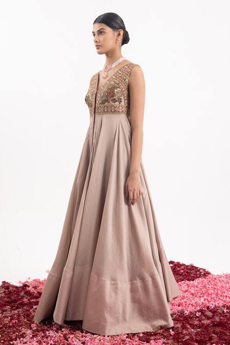 Buy_Samant Chauhan_Beige Cotton, Silk Sequins, Embroidery V-neck Flower Blossom Bodice Anarkali_Online_at_Aza_Fashions