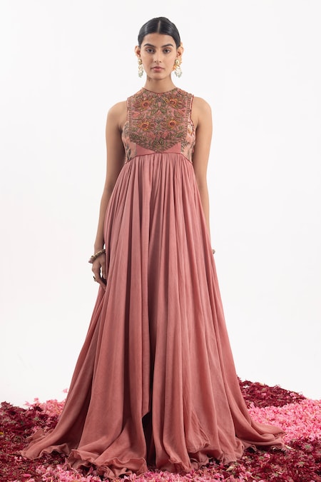 Samant Chauhan Peach Cotton Silk Placement Embroidery Floral High Blossom Bodice Anarkali