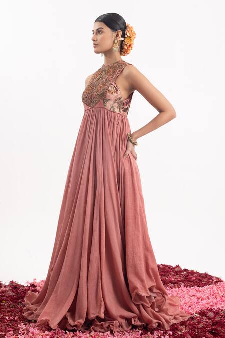 Samant Chauhan_Peach Cotton, Silk Embroidery, Cut Work Round Floral Blossom Bodice Anarkali_Online_at_Aza_Fashions